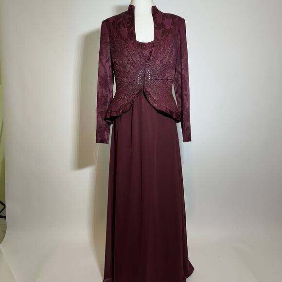 Cachet Burgundy 2-Piece Formal Beaded Brocade Maxi Dress & Jacket Set Womens 10 - Picture 1 of 12